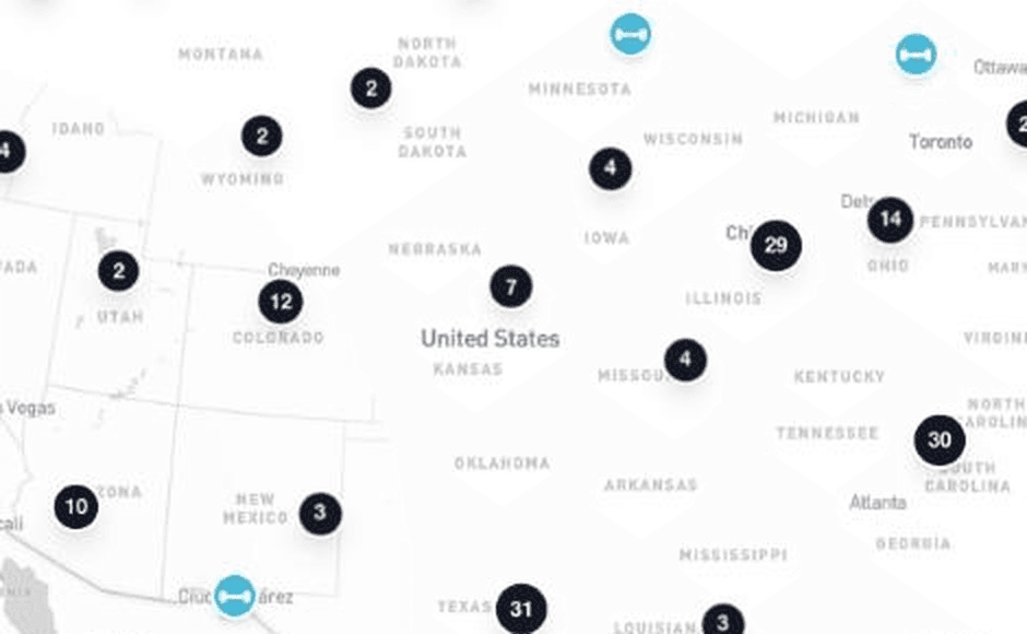 Clusters of certified coaches on the ATG map across the central and eastern United States
